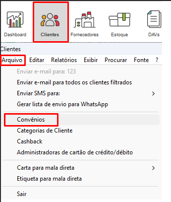 Menu Arquivo e Convênios
