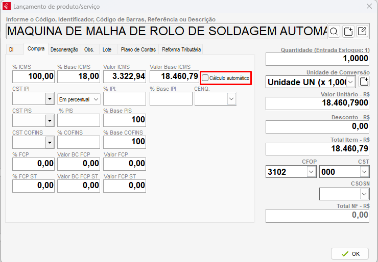 Guia Compra com IPI e base de ICMS