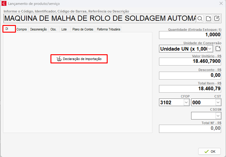 Guia DI e botão Declaração de Importação
