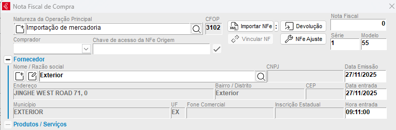 Natureza de operação de importação