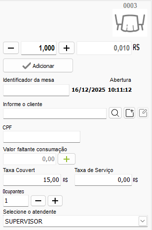 Opções da mesa