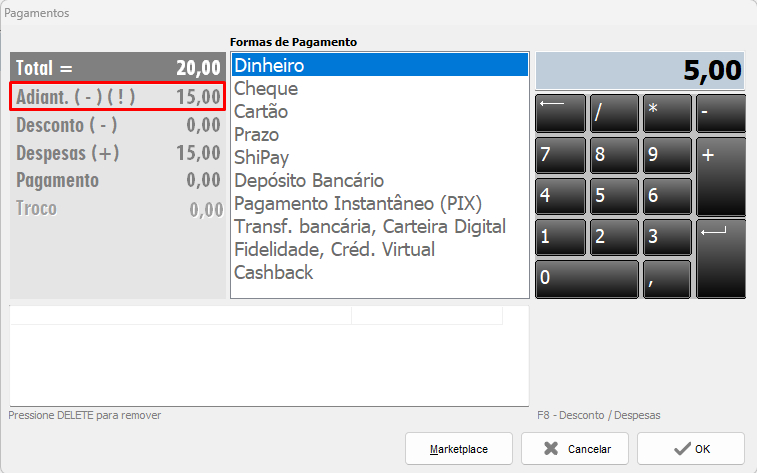Adiantamento na NFC-e