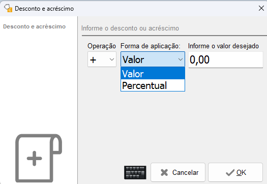 Acréscimo ou desconto na Venda Rápida