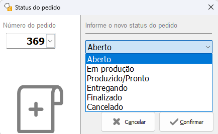 Tela de seleção do status do pedido