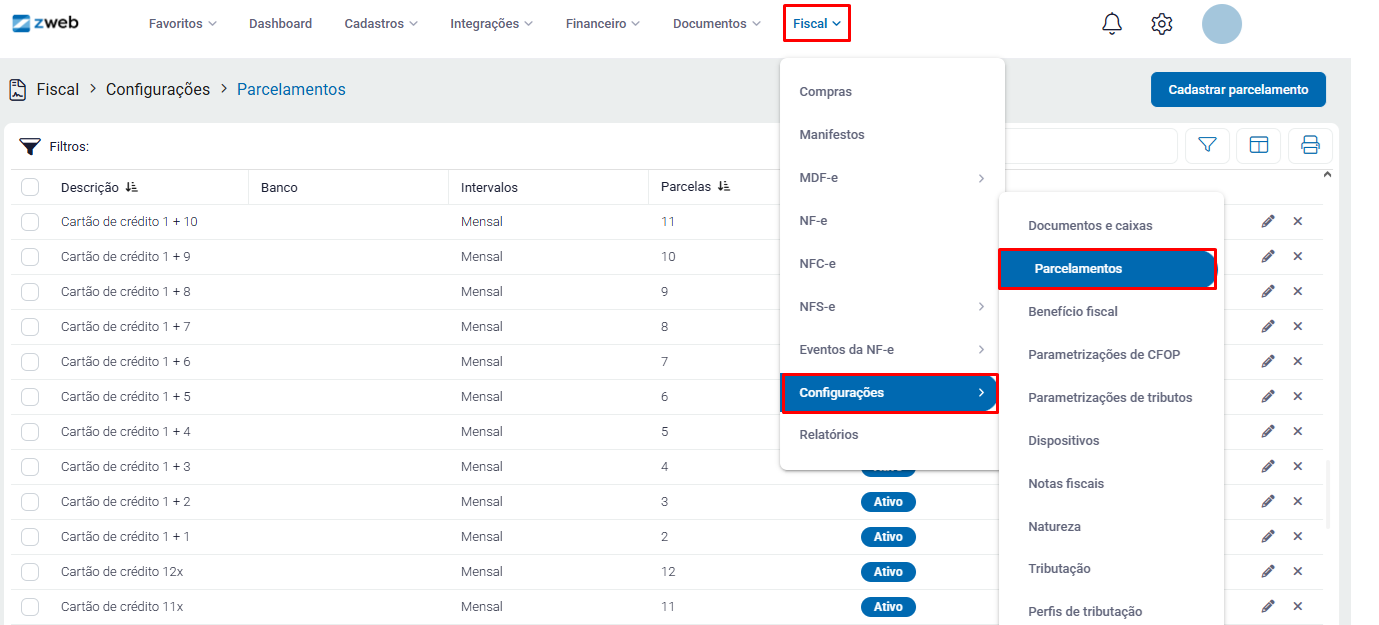 Configuração de parcelamentos