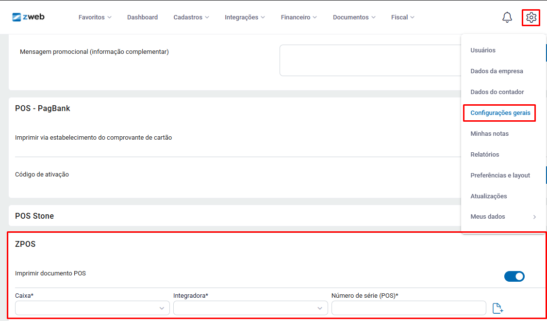 ZPOS nas Configurações Gerais