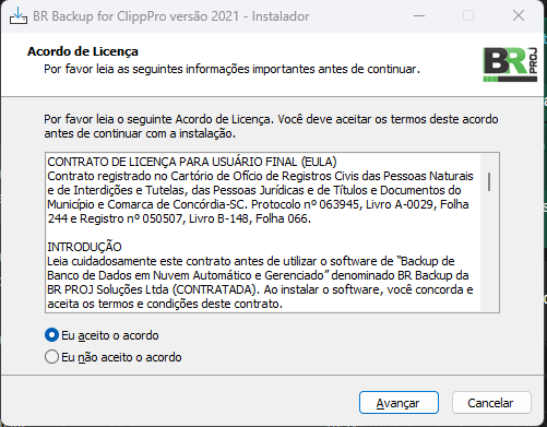 Acordo de licença do BRBackup