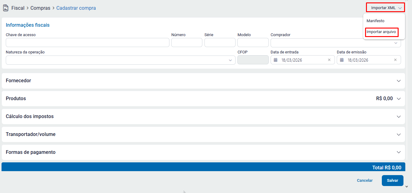 Caminho para importar XML na NF de compra
