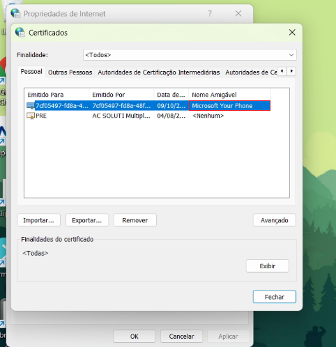 Aba Pessoal da janela de Certificados do Windows Aba Pessoal dos Certificados