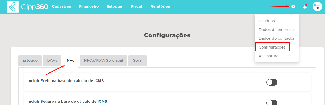Caminho para a opcao de contingencia nas Configuracoes da NFe Configuracoes NFe contingencia