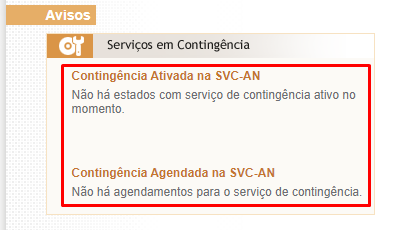 Secao Avisos do Portal da NFe indicando estados em contingencia Avisos do Portal da NFe