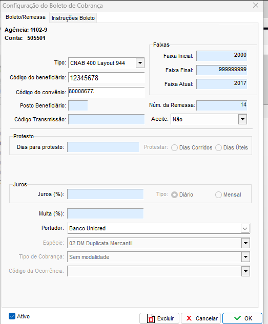 Configuração da carteira 21 Unicred
