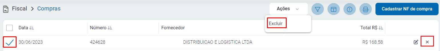 Opção Ação - Excluir