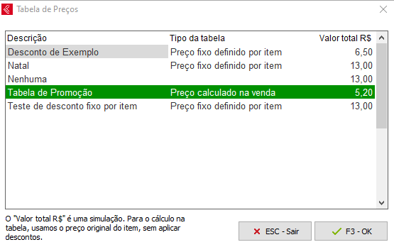 Tabela com maior desconto em verde