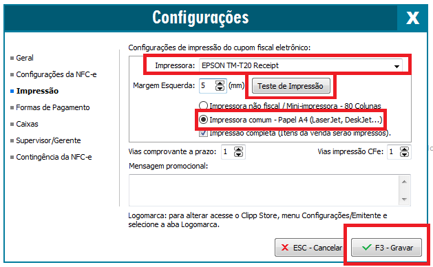 Configuração da impressora TM-T20 na guia Impressão do emissor Configuração de impressão no emissor de NFC-e