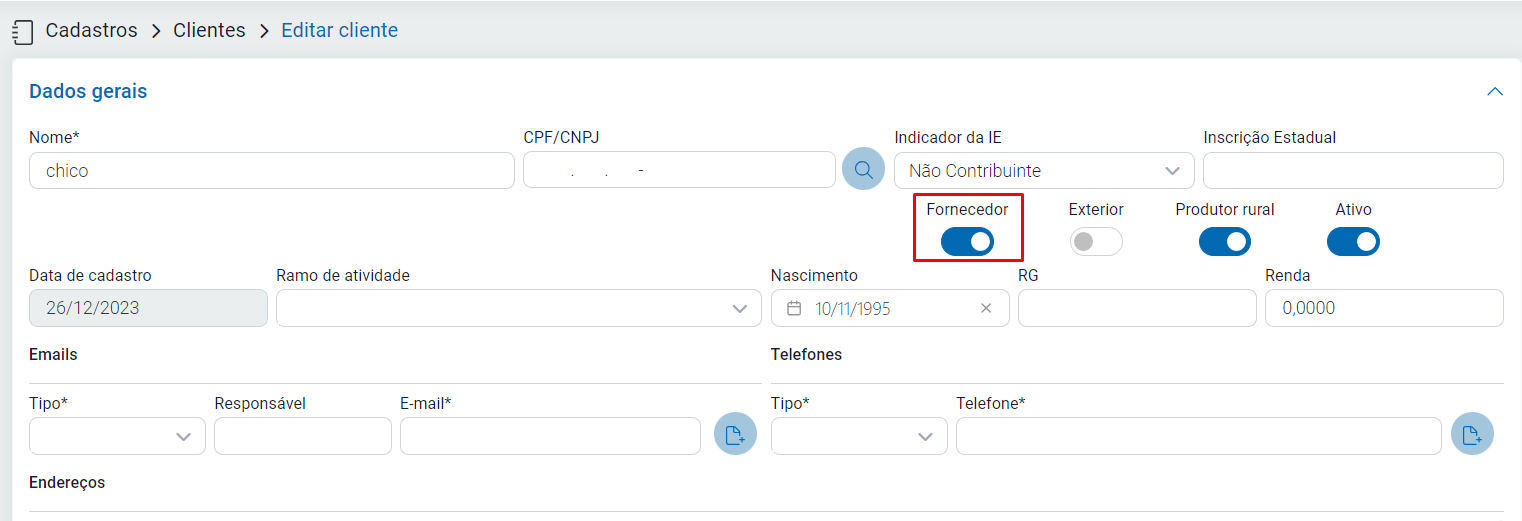 Função Fornecedor no cadastro do cliente