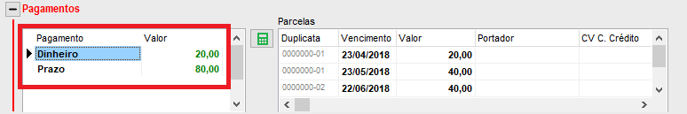 Resumo das formas de pagamento