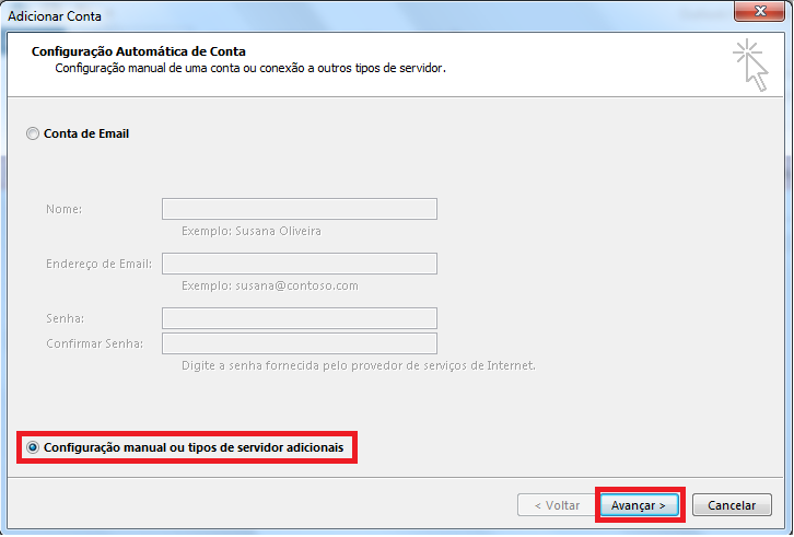Definir configurações manuais no Outlook