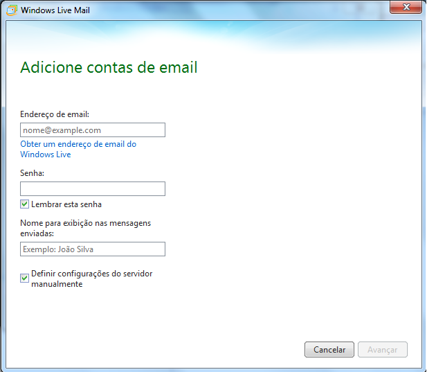 Configurações manuais no Windows Live Mail