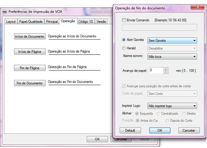 Configuração da gaveta na Elgin VOX
