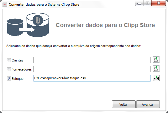 Seleção dos módulos e do arquivo CSV a converter Selecionar módulos e arquivo CSV
