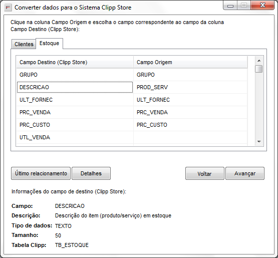 Relação de cada coluna do CSV com os campos do Clipp Store Relacionar colunas do CSV
