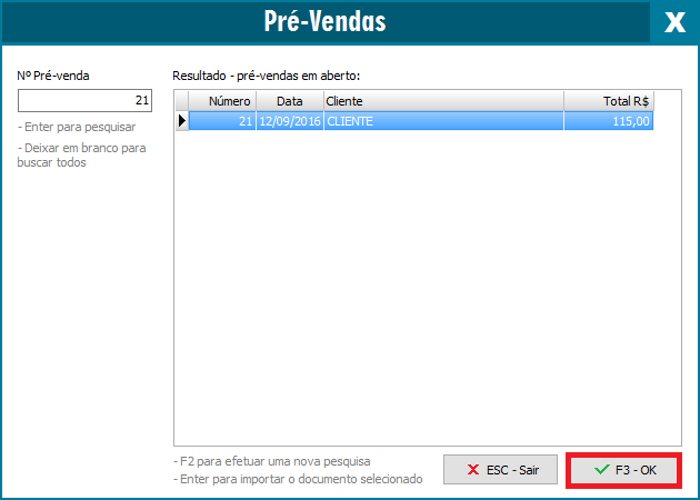 Importação da Pré-Venda para a NFC-e/SAT