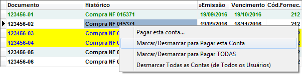 Contas marcadas para pagar