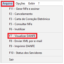 Opção Visualizar DANFE