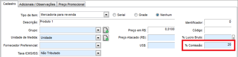 Campo % Comissão do produto