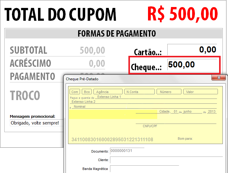 Lançamento de cheque no Cupom Fiscal