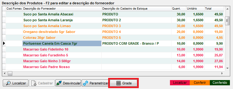 Botão Grade disponível após vincular o produto Botão Grade