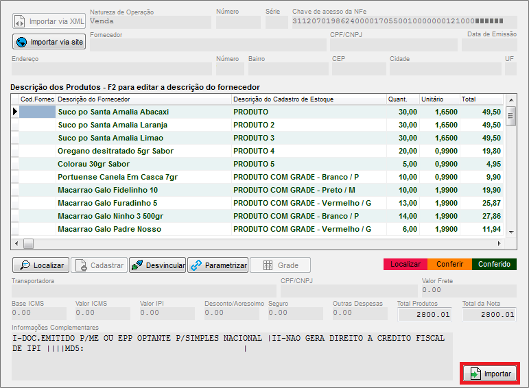 Conferência final dos dados da nota de compra com grade Finalizar nota de compra com grade
