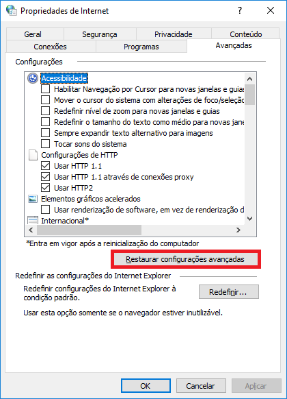 Restaurar Configurações Avançadas no Windows 10