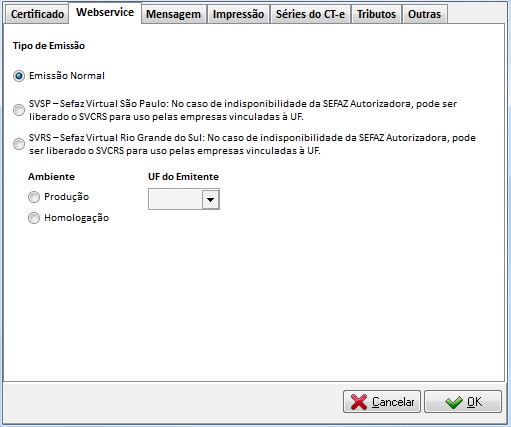 Configuração de tipo de emissão e ambiente na aba Webservice