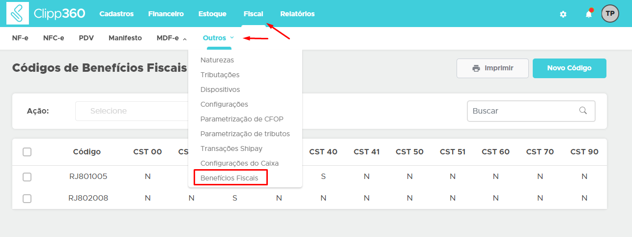 Cadastro de Benefícios Fiscais