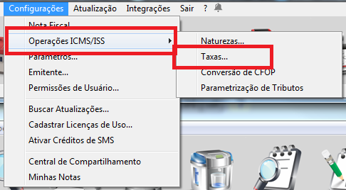 Menu Taxas em Operacoes ICMS/ISS