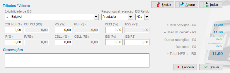 Tributos e valores da NFS-e
