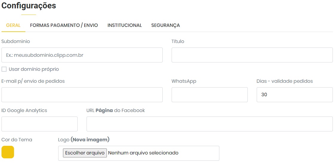 Configuracoes do Ecommerce