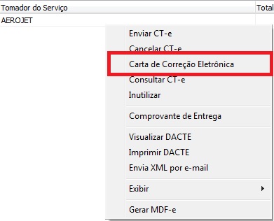 Opção Carta de Correção Eletrônica