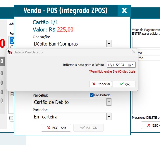 Tela para informar a data do débito pré-datado Data do débito