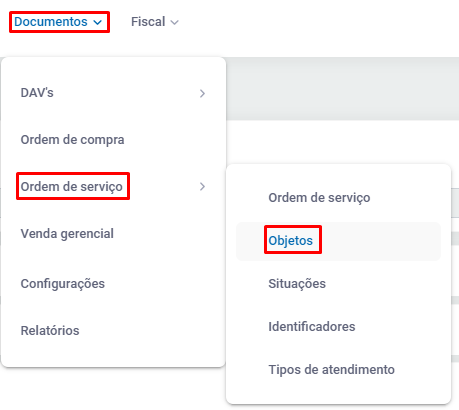 Menu de objetos da OS