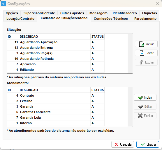 Cadastro de situações e atendimentos