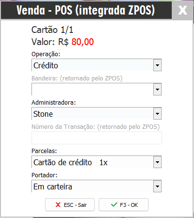 Opção Venda POS integrada ZPOS